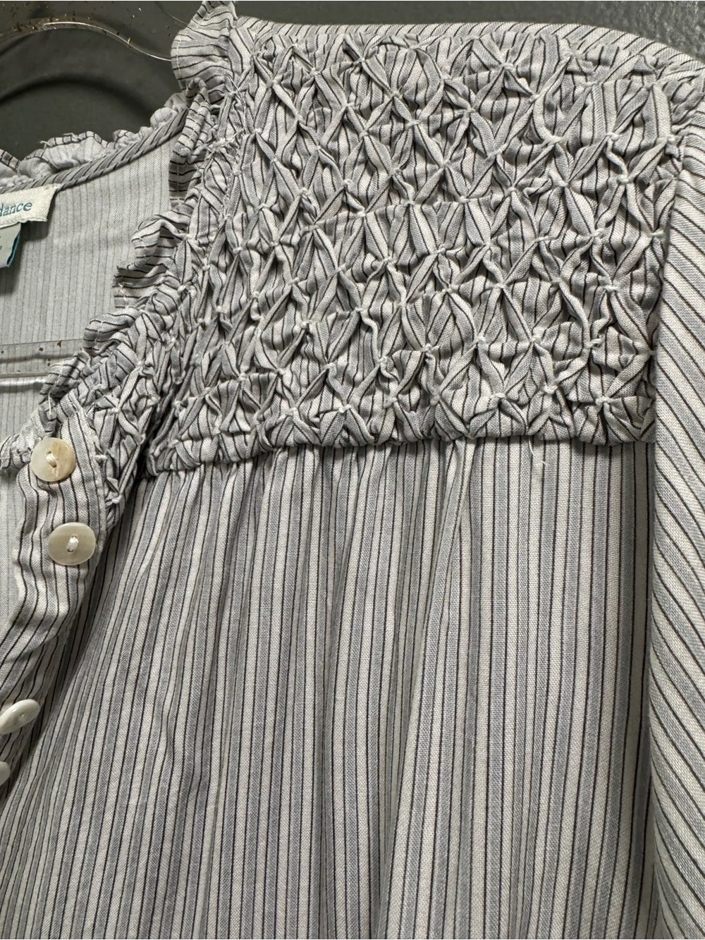 Sundance Light Grayish Blue Pinstripe Smocked Yoke Button-Front Blouse M - Picture 5 of 6